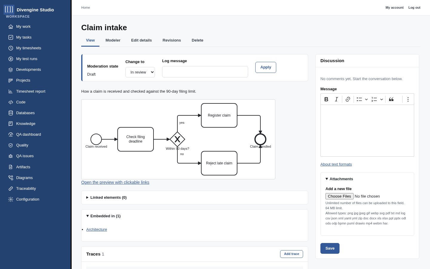 A BPMN diagram of claim intake in Divengine Studio