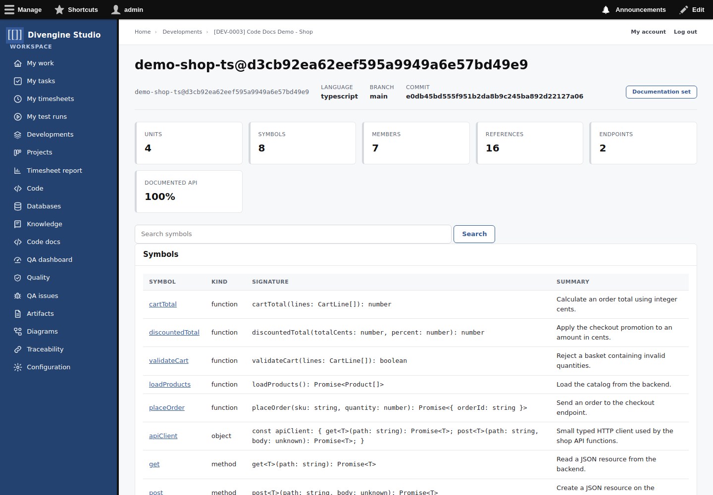 Real TypeScript documentation in Studio: symbols, signatures, summaries and API coverage
