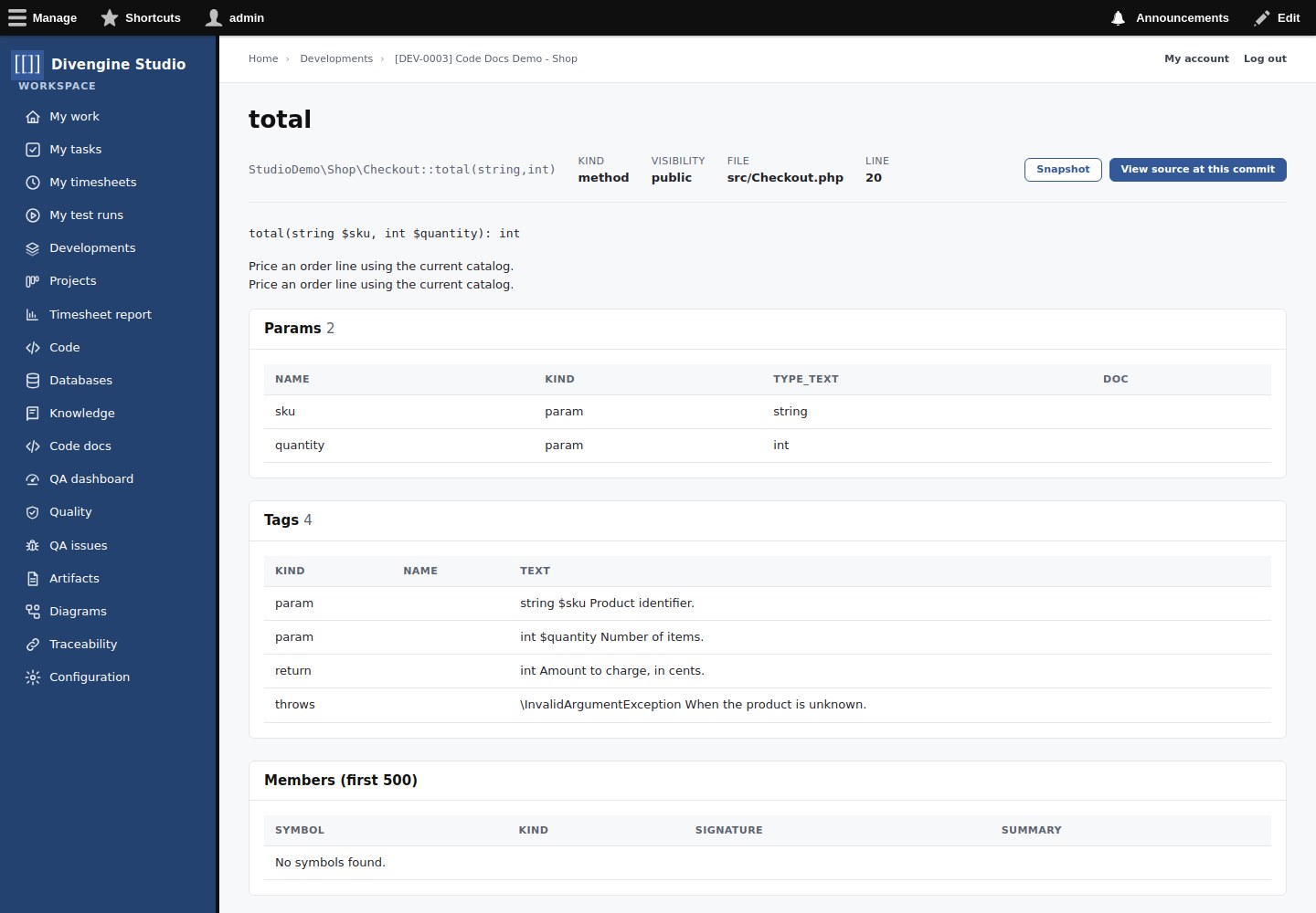 A PHP checkout method with its parameters, documentation tags and source link