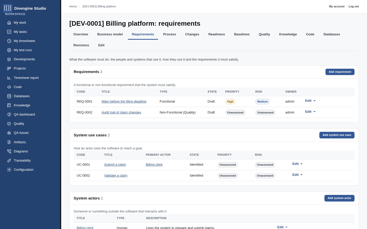Requirements, system use cases and actors of a Development