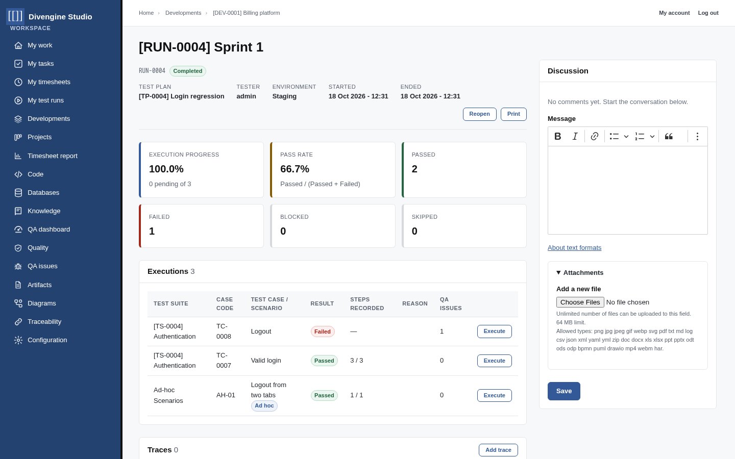 A completed test run with pass rate, executions and QA issues